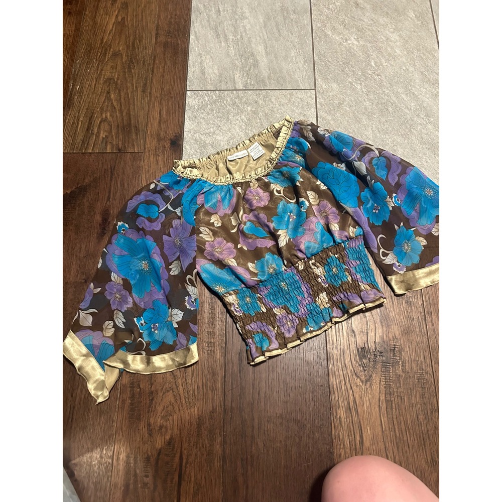 Mary-Kate and Ashley Floral Smocked Peasant Top Girls Large 10/12 Brown Blue Y2K